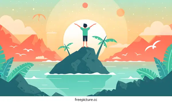 Man Standing on Rock with Mountains and Palm Trees in Background