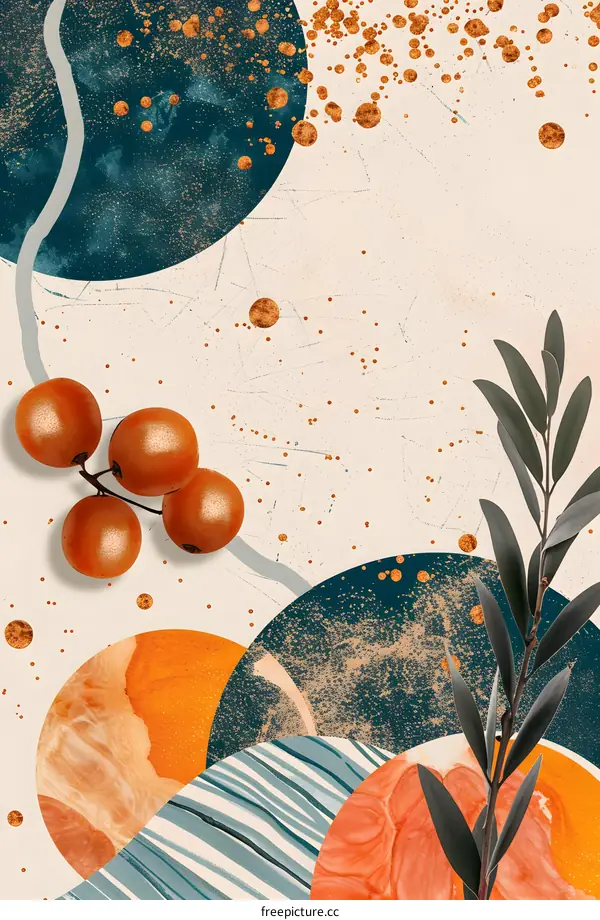 Abstract Collage with Orange Berries and Green Leaves