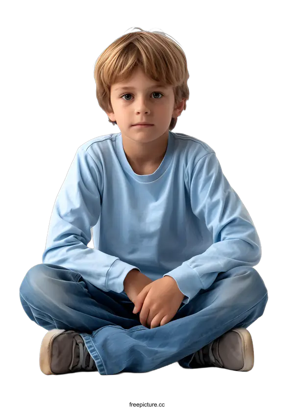 [Transparent Background PNG]Portrait of a boy in blue long-sleeved shirt and jeans sitting cross-legged on the floor