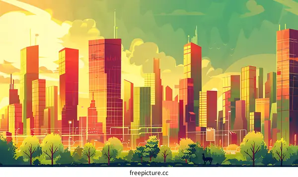 Sunset Cityscape with a Deer in the Foreground