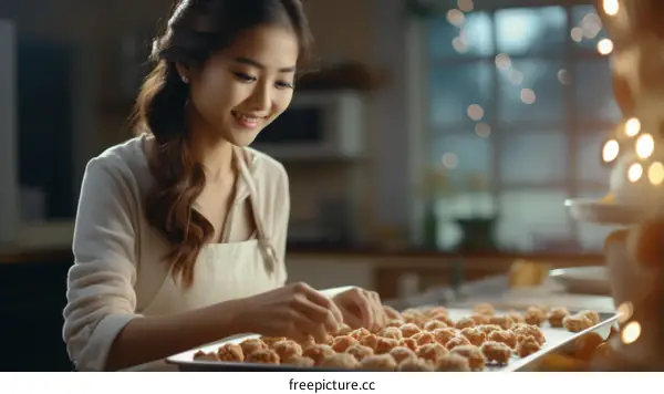Asian woman making cookies in the kitchen
