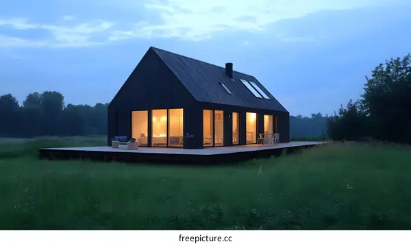 Modern Black House with Large Windows in a Field