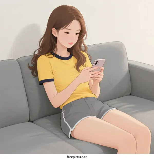A Young Woman Sitting on Sofa Using Mobile Phone