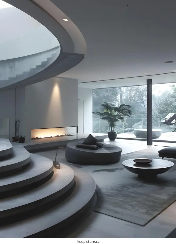 Modern Living Room Interior Design With Curved Staircase And Fireplace