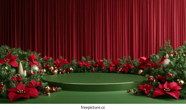 Christmas Scene with Green Podium and Red Curtains