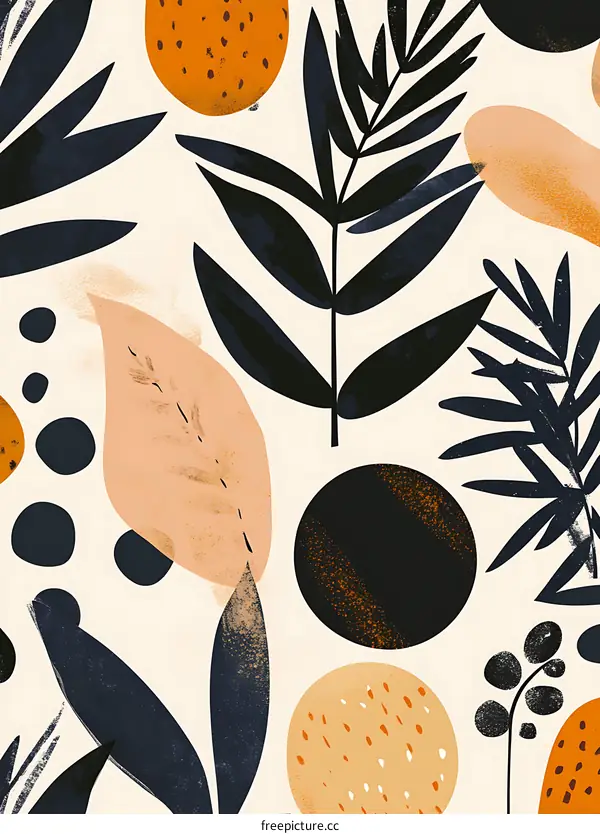 Abstract Art with Leaves and Circles in Warm Colors