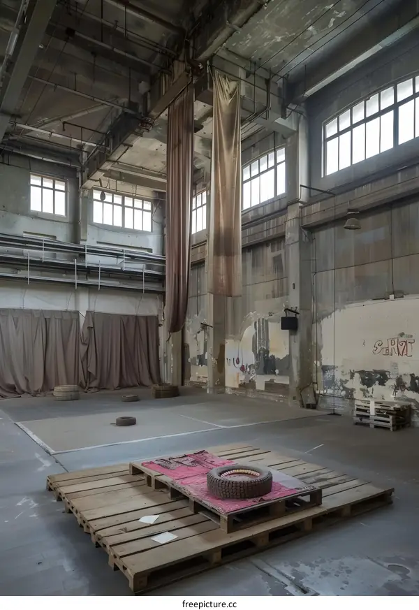Abandoned Factory Interior with Wooden Pallet and Tire