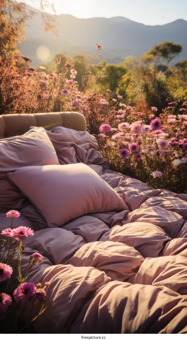A comfortable bed placed in a flower field with a beautiful mountain view