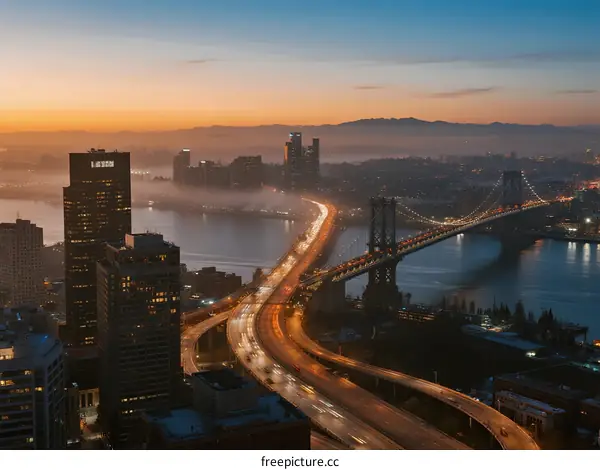 Sunrise over city with bridge and illuminated highway