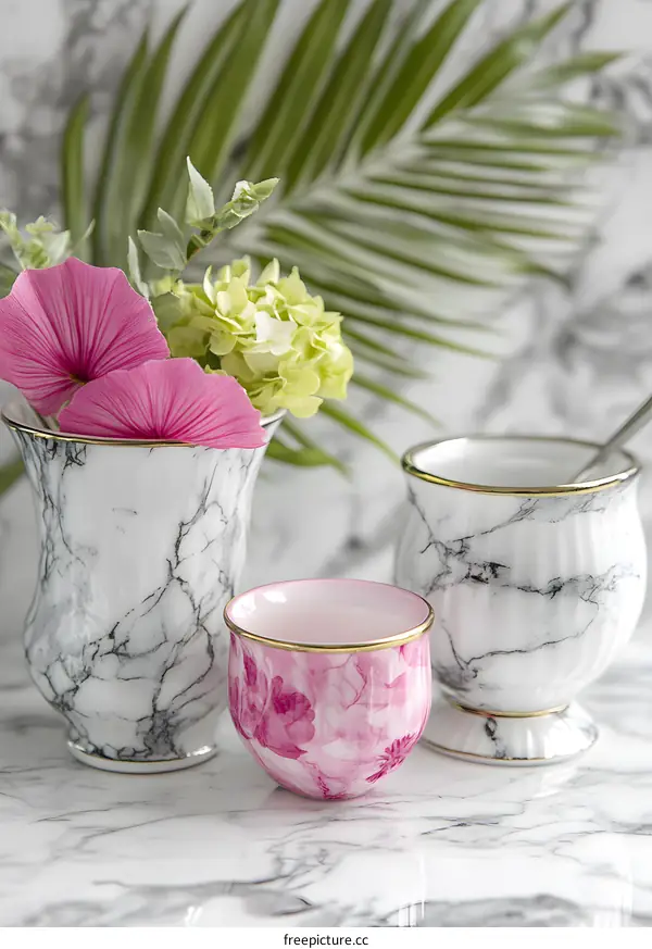 Marble Vases and Cups with Flowers