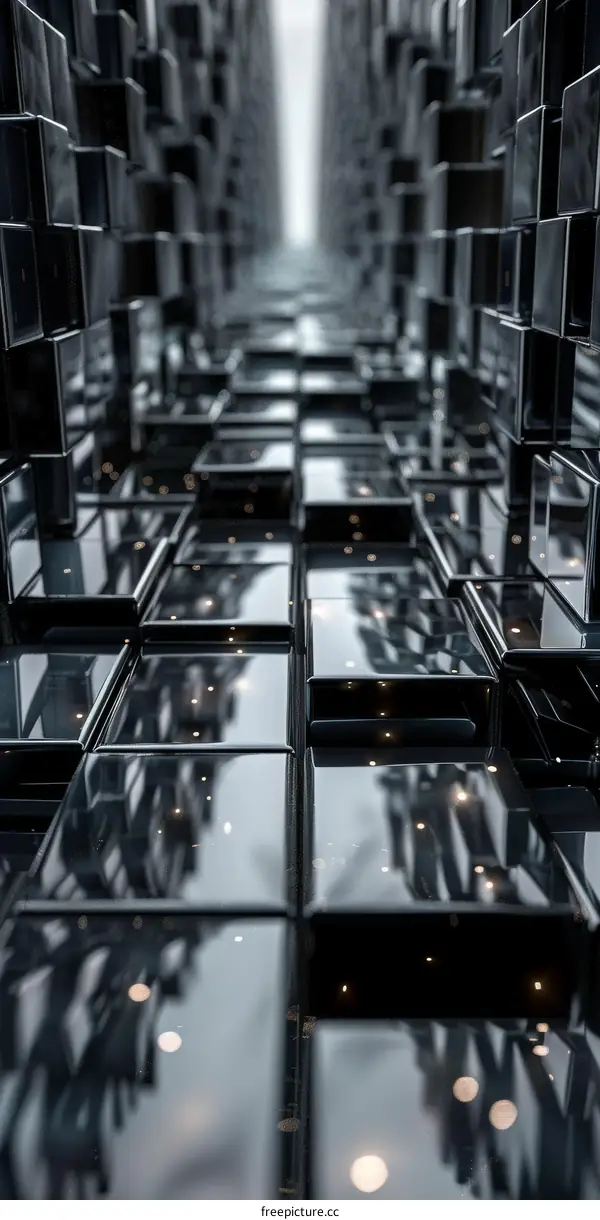 Black 3D structure made of cubes with glowing yellow dots on the floor