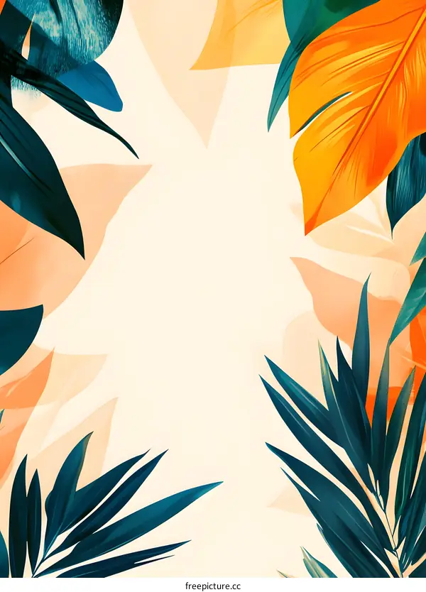 Tropical Leaves Frame Background with Orange and Blue Tones