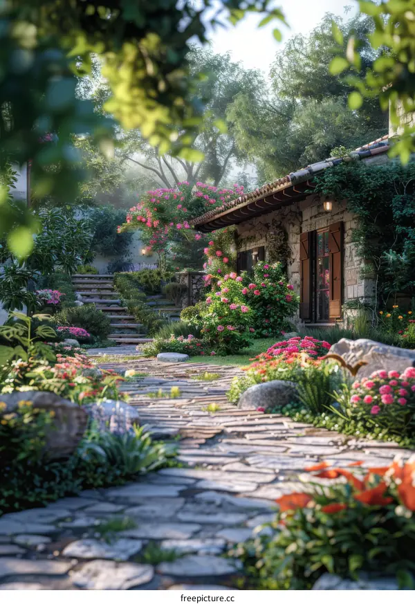 Charming Garden Pathway Leading to a Rustic Stone House