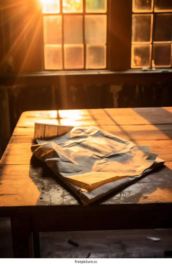 Old newspaper on a wooden table with a window in the background