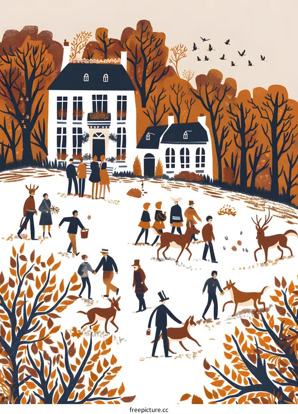 Fall Scene with People and Animals in Front of a House