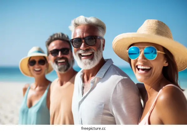 Happy group of four multi-ethnic friends on a beach