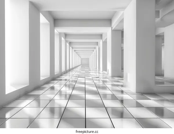 Empty Futuristic Corridor with White Walls and Tiled Floor