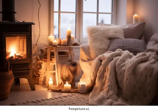 cozy home interior with fireplace, candles and pillows