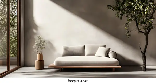 Modern Minimalist Living Room With Beige Sofa And Plant