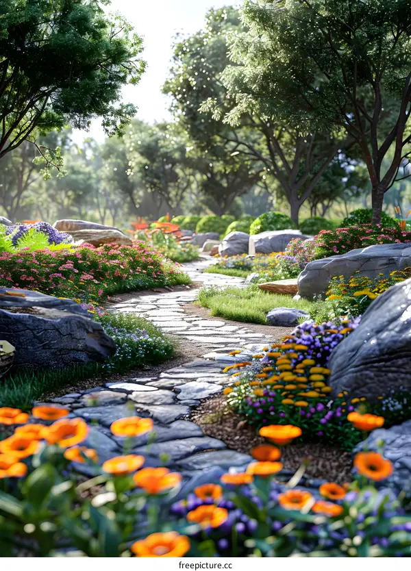 A stone path winds through a dense forest of flowers and boulders
