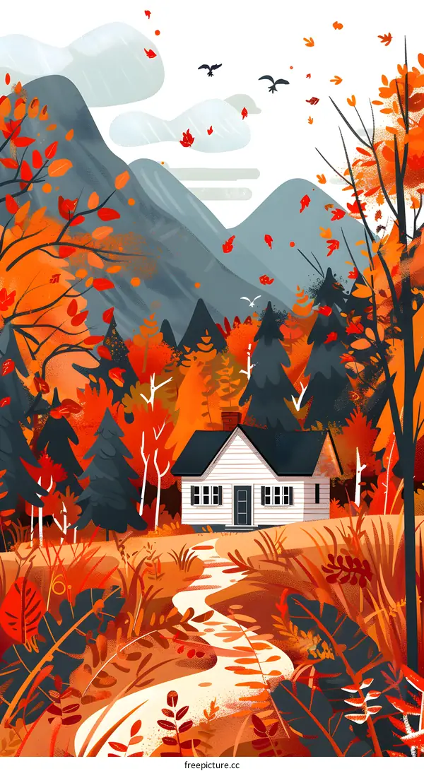 Autumn Landscape Illustration with White House and Falling Leaves