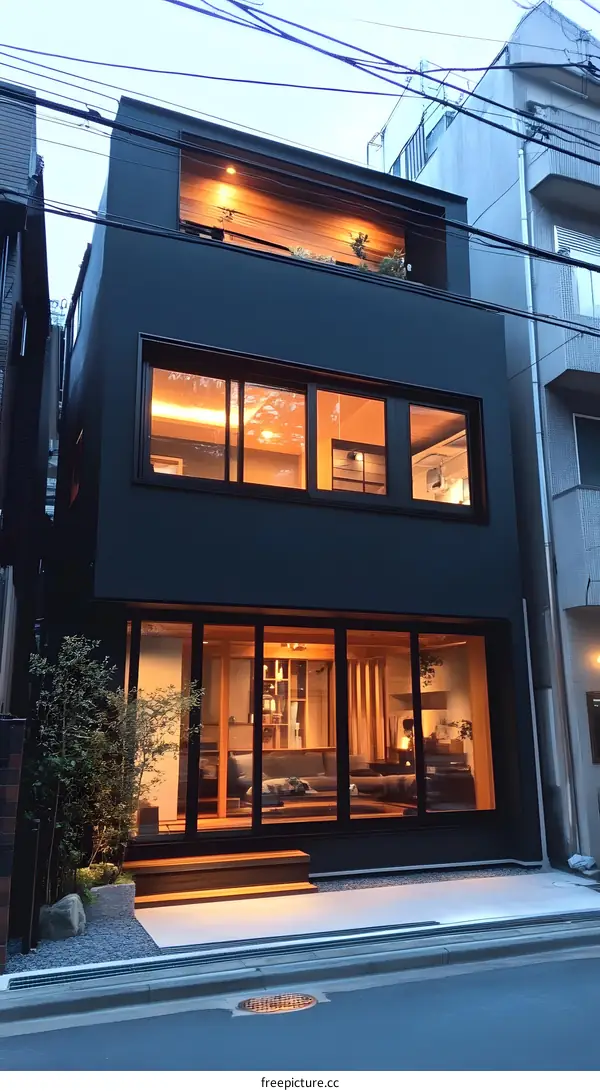 Modern Black Building with Large Windows and Wooden Accents