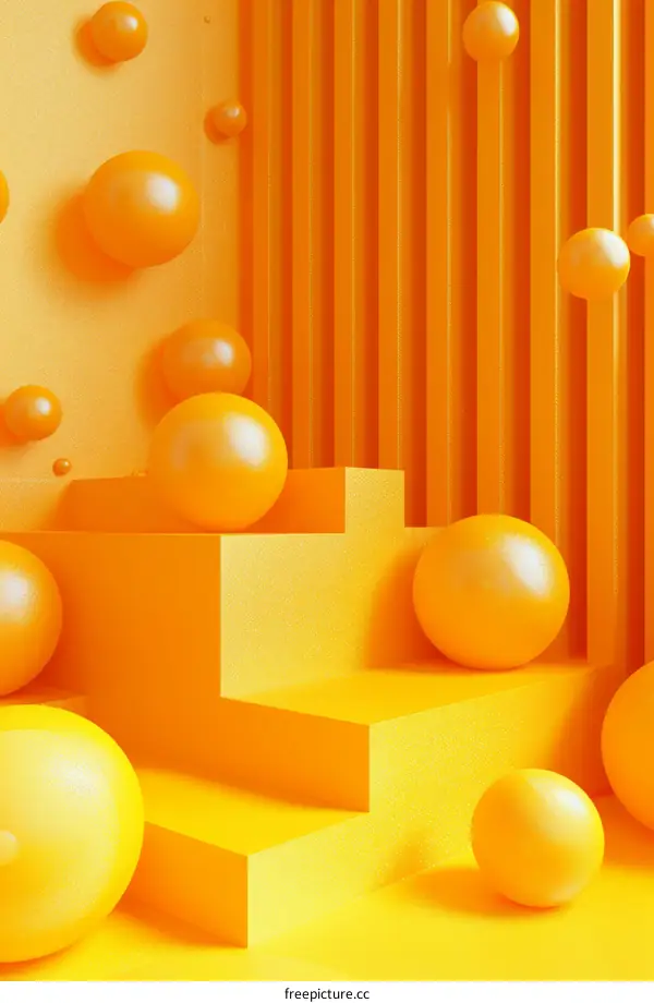 3D rendering of yellow spheres on a yellow stepped platform against a ribbed background