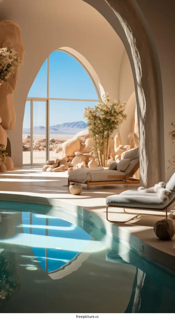 Modern architecture house in the middle of the desert with a pool