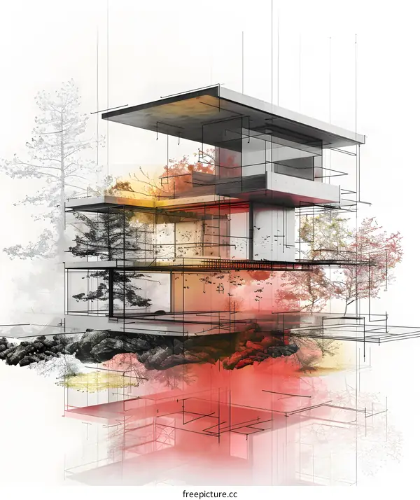 Architectural visualization of a modern house with a terrace and a garden