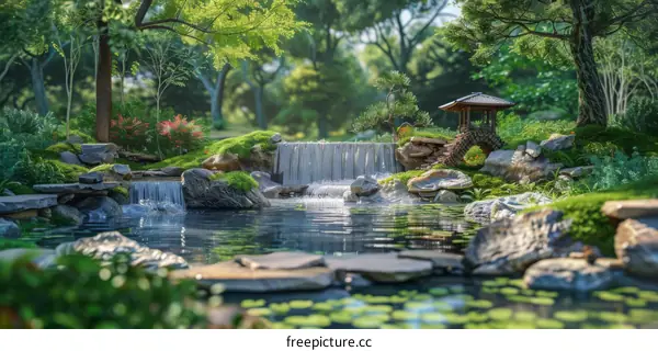 Japanese Garden: Tranquil Landscape with Verdant Greenery and Bridge