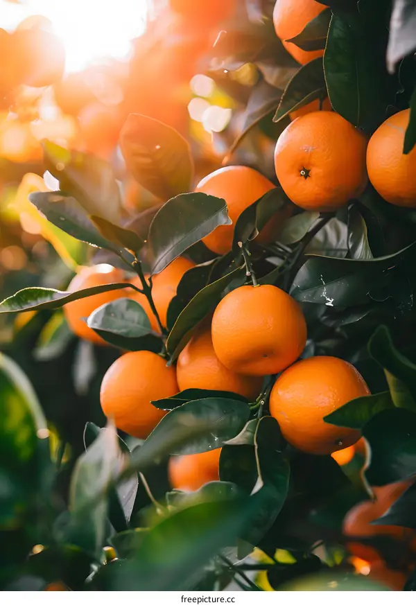 Orange Tree With Ripe Fruit And Green Leaves