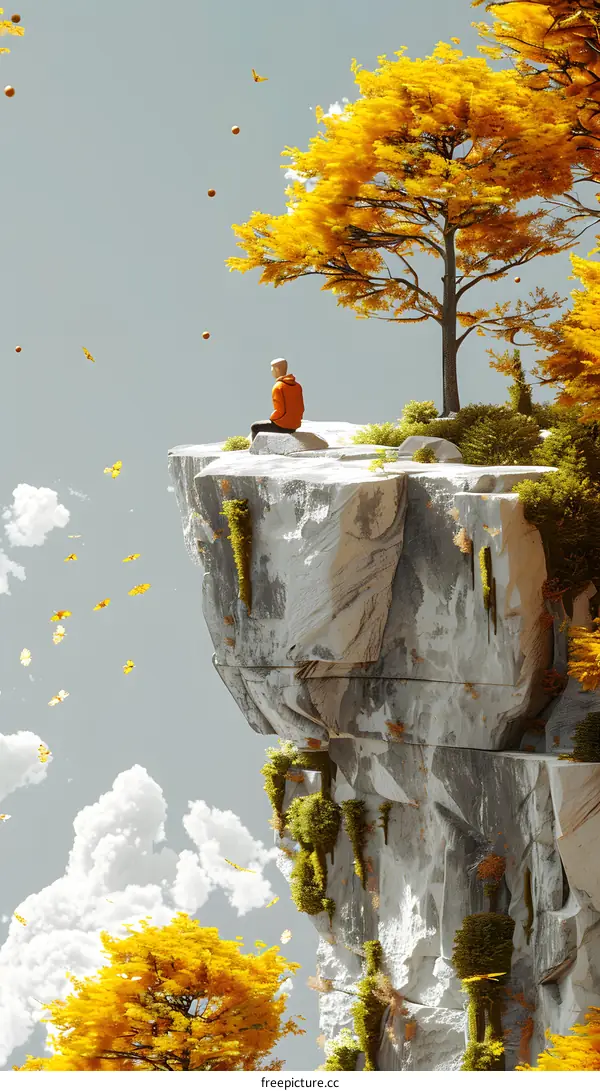 Lonely man sitting on a cliff looking at the sea of clouds