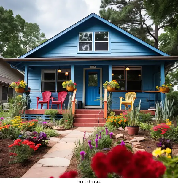 A colorful tiny house with a blue door
