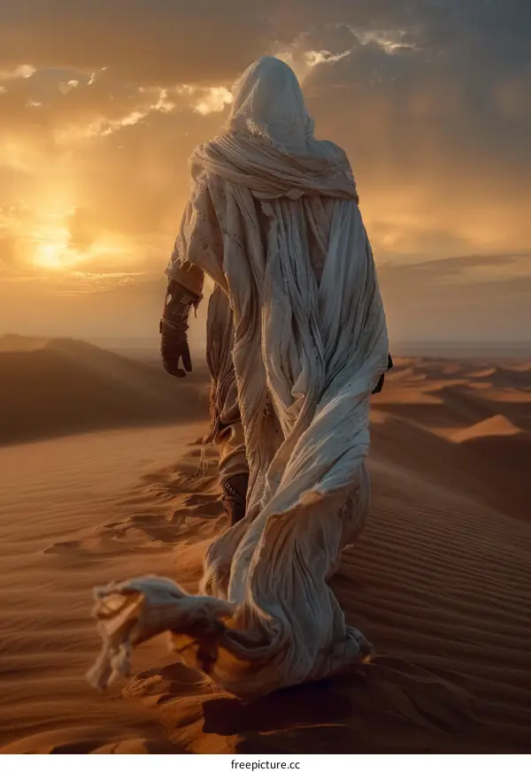 A figure in a white cloak walks through the desert