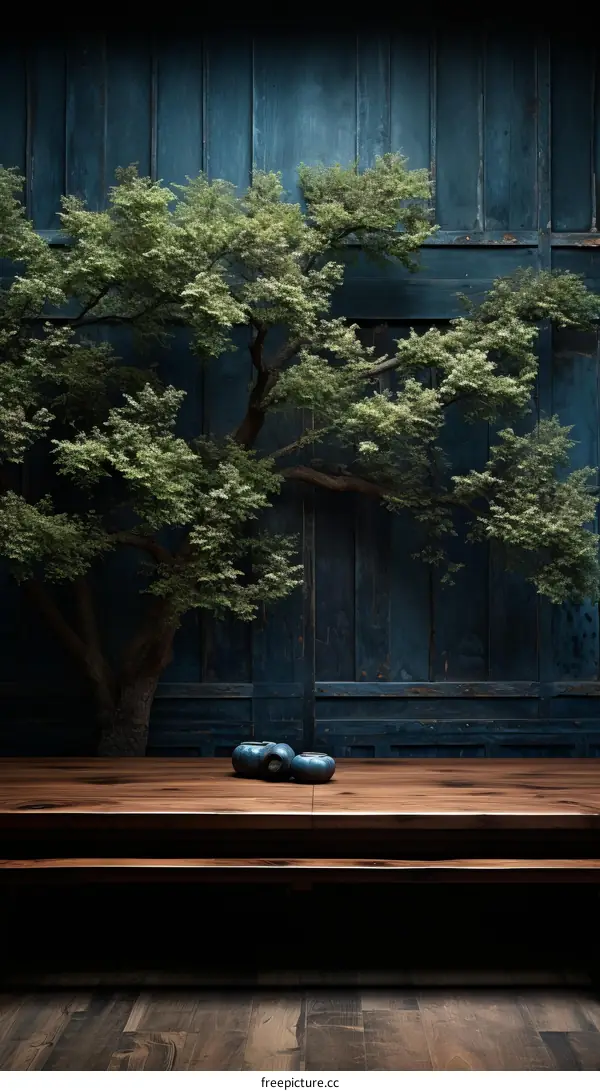 A bonsai tree in a blue room with wooden table