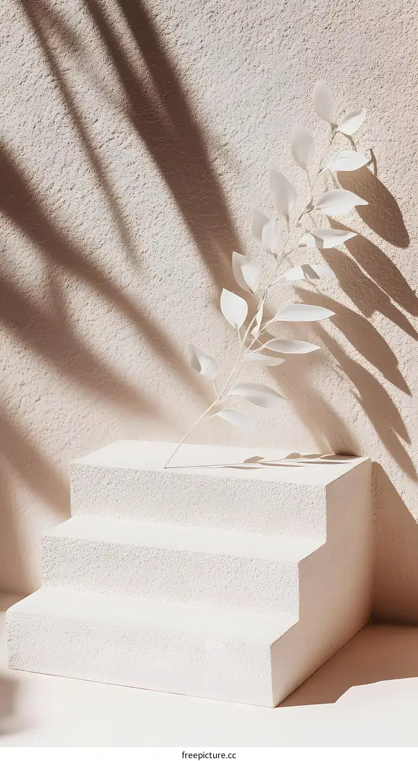 White Branch with Leaves on a White Platform