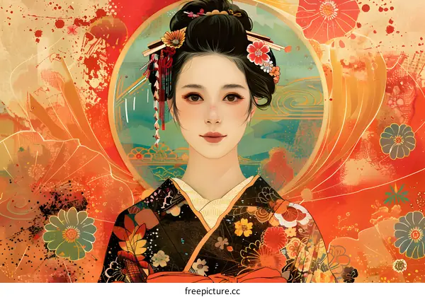 Portrait of a young Japanese woman in traditional kimono with red and orange floral background