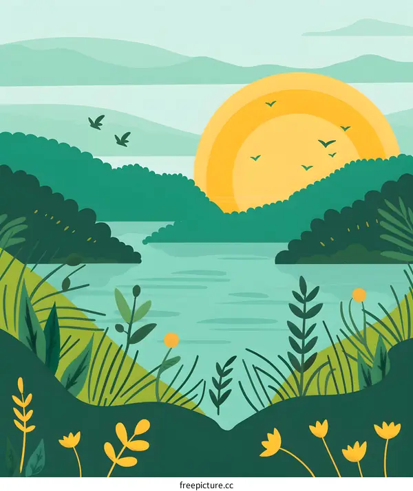 Green Landscape With Sun and Birds