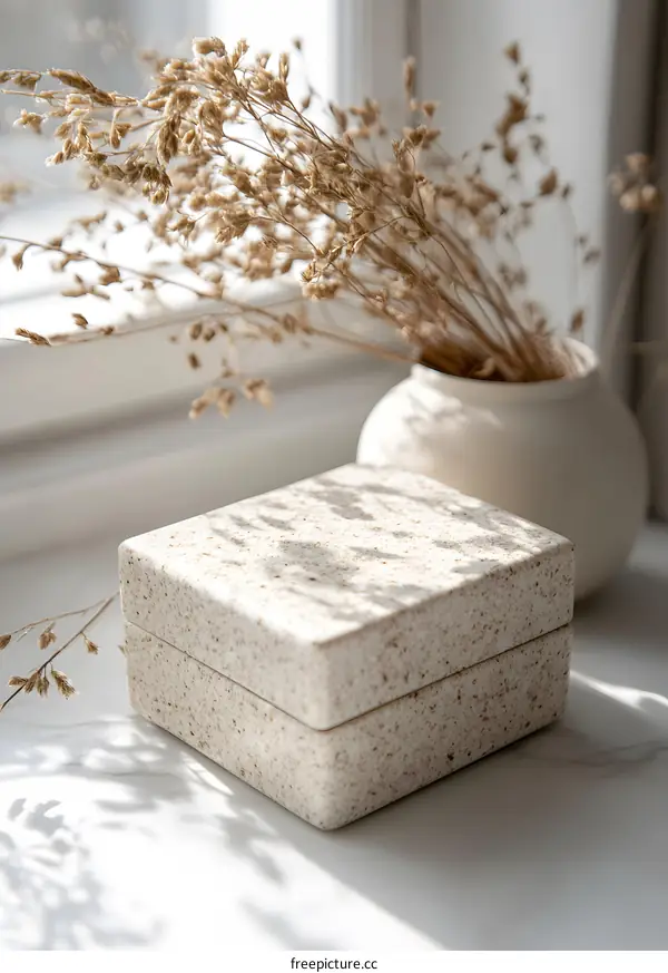 Beige Square Box With Dried Flowers In A Vase On A White Marble Surface