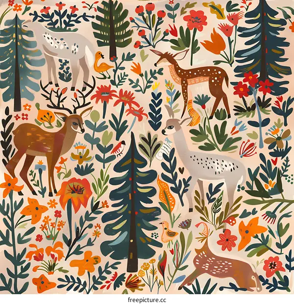 Colorful Deer Illustration With Floral Background