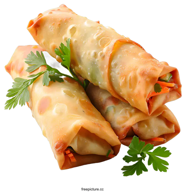 [Transparent Background PNG]Three Fried Spring Rolls with Vegetables