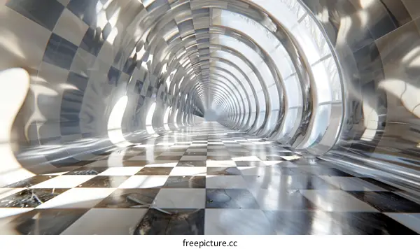 Futuristic Tunnel with Reflective Walls and Checkered Floor