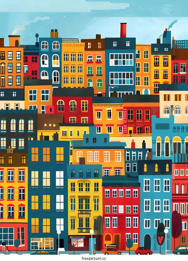 Colorful Illustration of a Cityscape with Houses