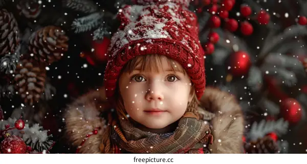 Little girl in red hat with fur scarf standing in front of Christmas tree