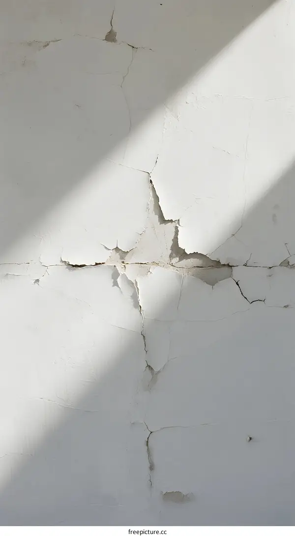 Cracked White Wall With Sunlight Shadows and Fractures
