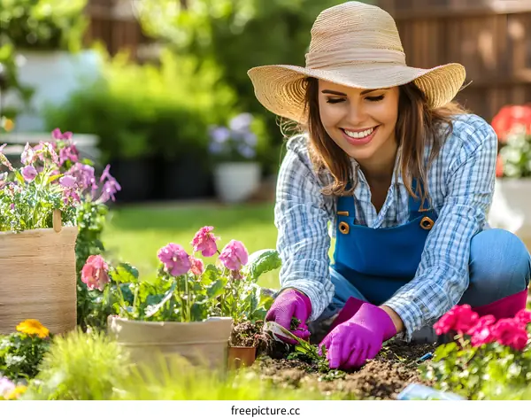 Smiling Woman Gardening in a Flower Garden