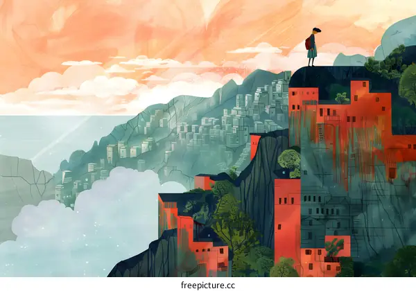 Woman with Backpack Standing on Cliff Above City