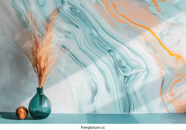 Dried Pampas Grass in Teal Vase Against Marble Wall