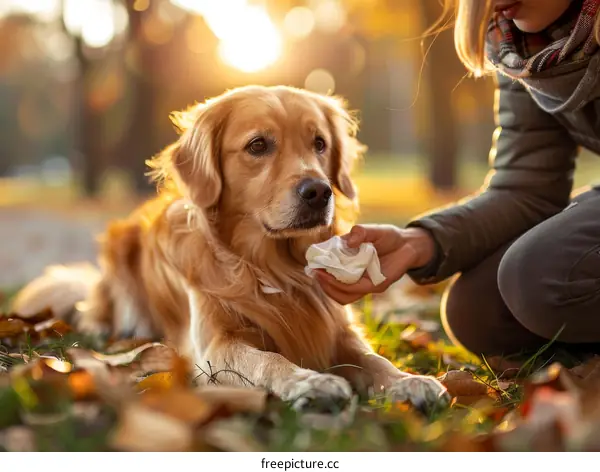 A blonde woman wiping the face of a golden retriever with a tissue in an autumn park