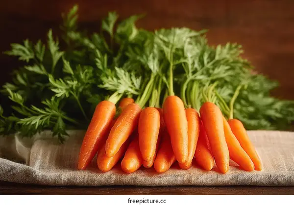 Fresh Bunch of Carrots on Linen Cloth